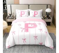 richhome Copripiumino per ragazze con fiocco rosa, 100% cotone, per letto singolo, con grazioso fiocco, per ragazzi e ragazze, set di biancheria da letto con lettera P, 2 pezzi, kawaii, coquette