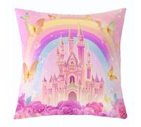 richhome Federa per cuscino con castello dei cartoni animati, 40 x 40 cm, 1 pezzo, motivo: casa delle principesse, arcobaleno, fiori, rose, farfalle, per bambini e ragazzi, decorazione per la casa