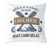 richhome Lake House - Federa per cuscino da 50 x 50 cm, 1 pezzo, motivo: pesce grosso, per bambini e ragazzi, estate, vintage, rustica, in legno, per la pesca e la caccia, decorazione per la casa