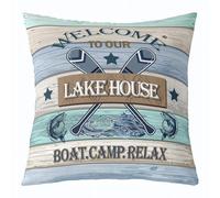 richhome Lake House, federa per cuscino da 55 x 55 cm, 1 pezzo, motivo: pesce grosso, per bambini e ragazzi, estate, vintage, in legno, decorazione per la casa