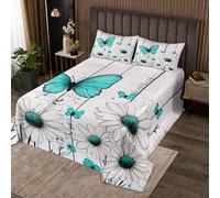 richhome Set copriletto floreale per bambini e bambine matrimoniale con margherite bianche e farfalle color foglia di tè, in legno Ruksic, copriletto trapuntato a tema naturale, decorazione per la