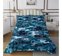 richhome Set copriletto mimetico con elicottero carro armato, taglia unica, per bambini, colore blu navy, set per ragazzi e ragazze, adolescenti, esercito americano, stella, trapuntato, attrezzatura