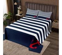 richhome Set copriletto per letto matrimoniale, motivo ancora, per bambini, ragazzi e ragazze, decorazione oceano, mare, avventura, blu navy, costiera, marina, trapuntato, decorazione per la camera