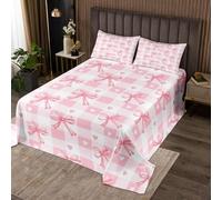 richhome Set copriletto per ragazze con fiocco king size principessa sognante bowknot set per ragazzi Kawaii Love Heart Pattern trapuntato copriletto rosa e bianco plaid geometrico a righe decorazione