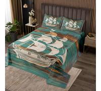 richhome Set copriletto verde con barca a vela per bambini, ragazzi e ragazze, copriletto trapuntato per letto matrimoniale, motivo: pirati marini, avventura, vintage, decorazione per la camera