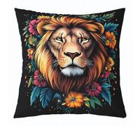 richhome Set di 1 federa per cuscino con leone, 60 x 60 cm, motivo safari, colorato, floreale, per ragazzi e ragazze, motivo animali selvatici e tramonto, per casa, giungla, animali selvatici 3D