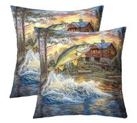 richhome Set di 1 federa per cuscino reversibile per bambini, 55 x 55 cm, stile rustico, motivo: cabina, lago, per ragazzi e ragazze, motivo pesce grosso, per divano, letto, pesca e caccia