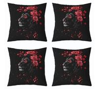 richhome Set di 4 federe per cuscini con leone, per bambini, ragazzi e ragazze, 50 x 50 cm, con rosa rossa, decorazione con leone nero, romantico, floreale, fauna selvatica, per interni ed esterni