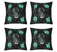 richhome Set di 4 federe per cuscini con rosa verde e leone, per bambini, ragazzi e ragazze, 50 x 50 cm, motivo animali selvatici 3D, romantico, floreale, decorazione per interni ed esterni