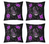 richhome Set di 4 federe per cuscini viola con rosa e leone, per bambini, ragazzi e ragazze, 50 x 50 cm, motivo animali selvatici 3D, romantico, floreale, decorazione per interni ed esterni