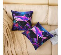 richhome Set di 4 federe per cuscino con squalo, per ragazzi e ragazze, motivo oceano, mare, animali, 50 x 50 cm, morbide, per bambini, donne, uomini, mondo sottomarino, meduse, pesci, corallo