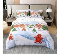 richhome Set di biancheria da letto con copripiumino natalizio in 100% cotone, per letto matrimoniale, motivo: omino di pan di zenzero, 3 pezzi, regali di caramelle con 2 federe