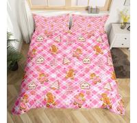 richhome Set di biancheria da letto con copripiumino natalizio rosa, per ragazzi e ragazze, con omino di pan di zenzero, decorazione per camera da letto, 3 pezzi, rosa, marrone, bianco