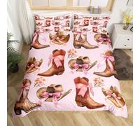 richhome Set di biancheria da letto con stivali da cowboy, per bambini e bambine, per letto junior/culla, stile occidentale, azteco, decorativo, cappello da cowboy, tribale, vintage, fiocco rosa