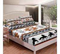 richhome Set di biancheria da letto per bambini con lenzuolo con angoli, stile bohémien, per ragazzi e ragazze, per ragazzi e ragazze, con motivo nativi americani del sud-ovest, colore: bianco