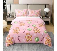 richhome Set di biancheria da letto per bambini con omino di pan di zenzero, in cotone, per letto super king size, con bastoncini di zucchero e fiocco di neve, decorazione natalizia per camera da