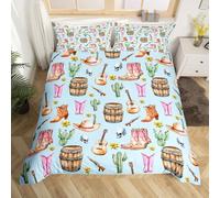 richhome Set di biancheria da letto per bambini, ragazzi e ragazze, motivo con stivali da cowgirl, copripiumino per lettino, cappello da cowboy selvatico, cactus, tribale, chitarra vintage, decorativo