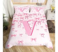 richhome Set di biancheria da letto per ragazze con fiocco rosa, per ragazzi e ragazze, con lettera V, monogramma, decorazione per camera da letto, 3 pezzi, fiocchi a coquette, chiusura a cerniera