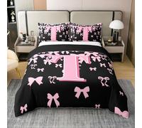 richhome Set di biancheria da letto per ragazze con grazioso fiocco, 100% cotone, per letto king size, con lettera T, per ragazzi e ragazze, colore nero, rosa, coquette, fiocco, monogramma