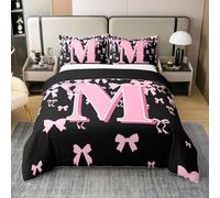 richhome Set di biancheria da letto per ragazze con grazioso fiocco in 100% cotone, misura singola, con lettera M, nero, rosa, coquette, fiocco, 2 pezzi, monogramma per camera da letto, decorazione