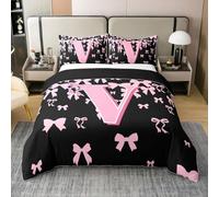 richhome Set di biancheria da letto per ragazze con grazioso fiocco in 100% cotone, per letto matrimoniale, con lettera V, colore nero, rosa, coquette, fiocco, 3 pezzi, monogramma, decorazione per