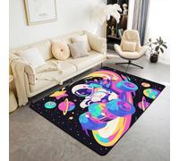 richhome Tappeto per bambini con motivo astronauta e auto, 100 cm x 150 cm x 1 cm, a strisce colorate, pianeti e graffiti, antiscivolo, per ragazzi e ragazze, carino auto da corsa, hippie, non perde