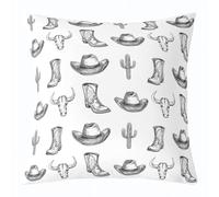 richhome West Cowboy - Set di 1 federa per cuscino quadrato per bambini, 55 x 55 cm, motivo teschio di mucca, colore nero, per ragazzi, ragazze, adolescenti, cactus, cappelli, stivali, decorazioni per
