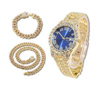 richhut Orologio con Diamanti per Uomo Iced Out Quadrante Blu Cinturino Largo 18MM Placcato in Oro 18K, con 20+45cm Catene Cubane, Regalo per Fidanzato Marito