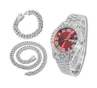 richhut Orologio con Diamanti per Uomo Iced Out Quadrante Rosso Cinturino Largo 18MM Placcato in Oro Bianco Platino, con 20+45cm Catene Cubane, Regalo per Fidanzato Marito