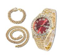 richhut Orologio con Diamanti per Uomo Iced Out Quadrante Rosso Cinturino Largo 18MM Placcato in Oro 18K, con 20+45cm Catene Cubane, Regalo per Fidanzato Marito