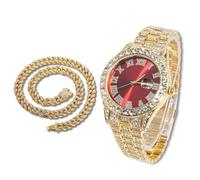 richhut Orologio con Diamanti per Uomo Iced Out Quadrante Rosso Cinturino Largo 18MM Placcato in Oro 18K, con 45cm Catena Cubana, Regalo per Fidanzato Marito
