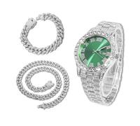 richhut Orologio con Diamanti per Uomo Iced Out Quadrante Verde Cinturino Largo 18MM Placcato in Oro Bianco Platino, con 20+45cm Catene Cubane, Regalo per Fidanzato Marito