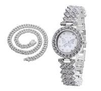 richhut Orologio di Lusso con Diamanti per Bambine - Iced Out Bling Placcato in Platino - Quadrante Motivo Farfalla 29mm Cinturino 19,5cm - Scatola Regalo Incluso - con Catena Cubana 40cm