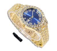 richhut Orologio di lusso con diamanti per bambini e adolescenti, placcato oro 18 carati, quadrante rotondo multicolore da 42 mm, strumento di regolazione incluso, opzionale con catena cubana