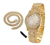 richhut Orologio di Lusso con Diamanti per Bambini - Iced Out Bling Placcato in Oro 18K - Quadrante Rotondo 39mm Cinturino 19cm - Strumento di Regolazione Incluso - con Catena Cubana 40cm