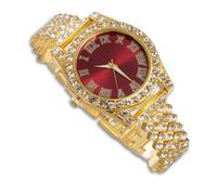 richhut Orologio di Lusso con Diamanti per Bambini - Iced Out Bling Placcato in Oro 18K - Quadrante Tondo Rosso 37mm Cinturino 20cm - Scatola Regalo Incluso