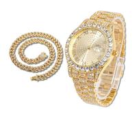 richhut Orologio di Lusso con Diamanti per Bambini - Iced Out Bling Placcato in Oro 18K - Quadrante Tondo 43mm Cinturino 20,5cm - Strumento di Regolazione Incluso - con Catena Cubana 40cm