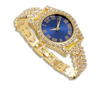 richhut Orologio di Lusso con Diamanti per Bambini - Iced Out Bling Placcato in Oro 18K - Quadrante Tondo Blu 37mm Cinturino 20cm - Scatola Regalo Incluso