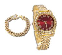 richhut Orologio di Lusso con Diamanti per Bambini - Iced Out Bling Placcato in Oro 18K - Quadrante Tondo Rosso 37mm Cinturino 20cm - Scatola Regalo Incluso - con Catena Cubana 18cm