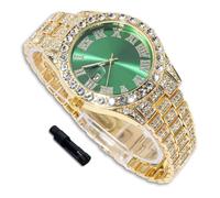richhut Orologio di Lusso con Diamanti per Bambini - Iced Out Bling Placcato in Oro 18K - Quadrante Tondo Verde 42mm Cinturino 20cm - Strumento di Regolazione Incluso