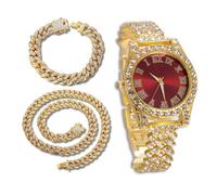 richhut Orologio di Lusso con Diamanti per Bambini - Iced Out Bling Placcato in Oro 18K - Quadrante Tondo Rosso 37mm Cinturino 20cm - Scatola Regalo Incluso - con Catene Cubane 18cm & 40cm