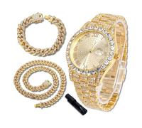 richhut Orologio di Lusso con Diamanti per Bambini - Iced Out Bling Placcato in Oro 18K - Quadrante Tondo 43mm Cinturino 20,5cm - Strumento di Regolazione Incluso - con Catene Cubane 18cm & 40cm