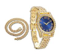 richhut Orologio di Lusso con Diamanti per Bambini - Iced Out Bling Placcato in Oro 18K - Quadrante Tondo Blu 37mm Cinturino 20cm - Scatola Regalo Incluso - con Catena Cubana 40cm