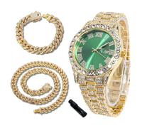 richhut Orologio di Lusso con Diamanti per Bambini - Iced Out Bling Placcato in Oro 18K - Quadrante Tondo Verde 42mm Cinturino 20cm - Strumento di Regolazione Incluso - con Catene Cubane 18cm & 40cm