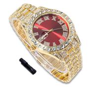 richhut Orologio di Lusso con Diamanti per Bambini - Iced Out Bling Placcato in Oro 18K - Quadrante Tondo Rosso 42mm Cinturino 20cm - Strumento di Regolazione Incluso