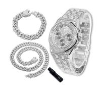 richhut Orologio di Lusso con Diamanti per Bambini - Iced Out Bling Placcato in Platino - Quadrante Ottagonale 38mm Cinturino 19,5cm - Strumento di Regolazione Incluso - con Catene Cubane 18cm & 40cm
