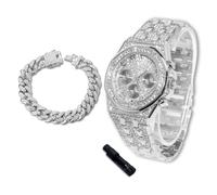richhut Orologio di Lusso con Diamanti per Bambini - Iced Out Bling Placcato in Platino - Quadrante Ottagonale 38mm Cinturino 19,5cm - Strumento di Regolazione Incluso - con Catena Cubana 18cm