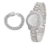 richhut Orologio di Lusso con Diamanti per Bambini - Iced Out Bling Placcato in Platino - Quadrante Rotondo Strass Gypsophila Cinturino 19,5cm - Scatola Regalo Incluso - con Catena Cubana 18cm