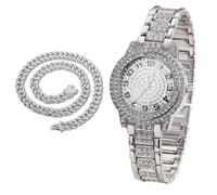 richhut Orologio di Lusso con Diamanti per Bambini - Iced Out Bling Placcato in Platino - Quadrante Rotondo Numeri Arabi 32mm Cinturino 19,5cm - Scatola Regalo Incluso - con Catena Cubana 40cm