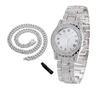 richhut Orologio di Lusso con Diamanti per Bambini - Iced Out Bling Placcato in Platino - Quadrante Rotondo 39mm Cinturino 19cm - Strumento di Regolazione Incluso - con Catena Cubana 40cm